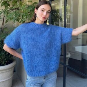 Benaar LA Sabine Short Sleeve Sweater Top Blue Knit Mohair Merino Wool